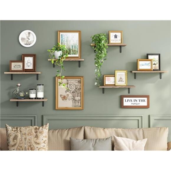 Wood Floating Shelves - Set of 6, Rustic Brown - Wall Mounted, Farmhouse Shelf - Picture 4 of 7